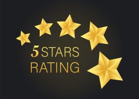 Five golden rating star on gray black background. Vector stock illustration